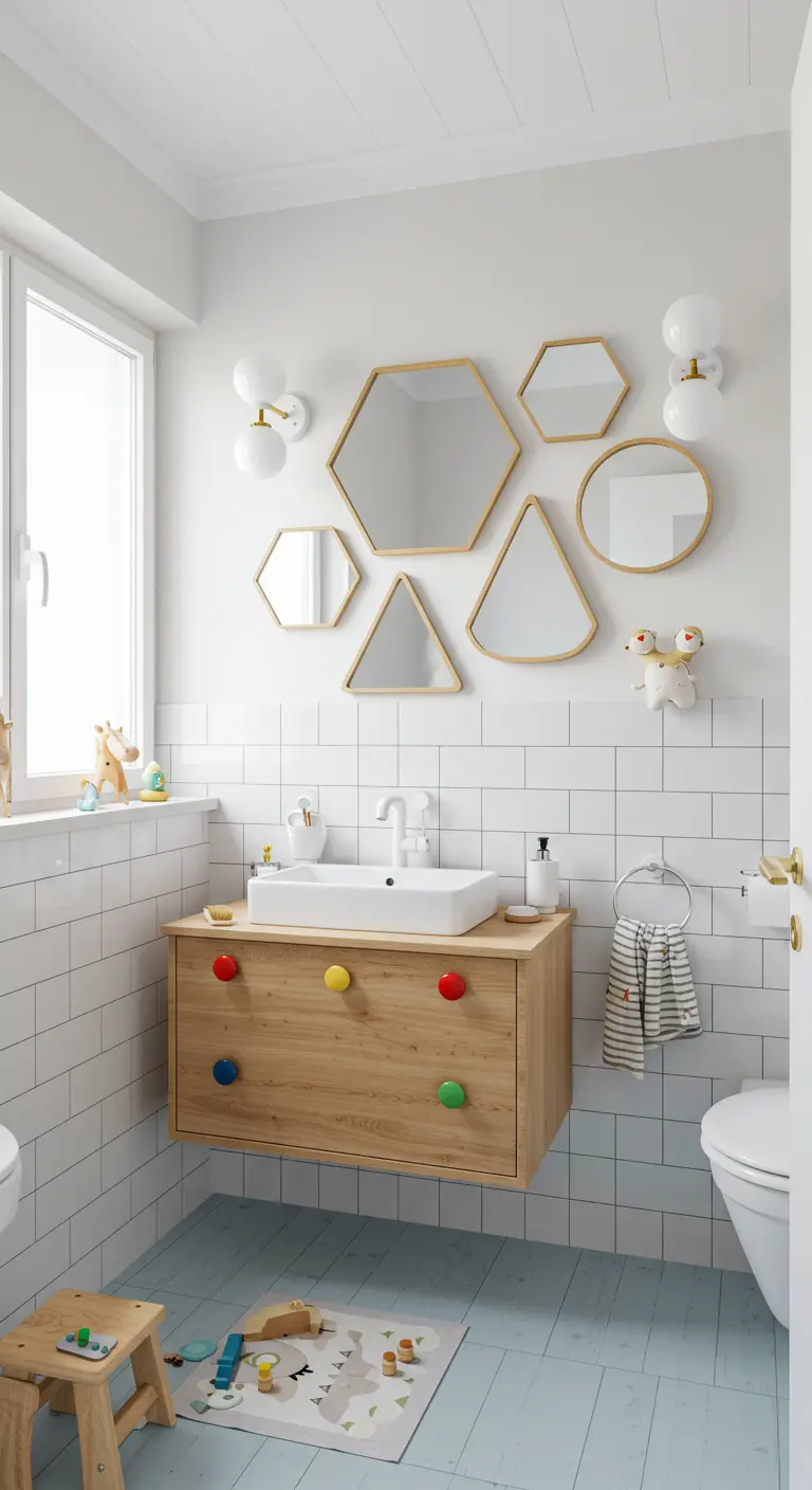Kinderbadkamer met een cluster van geometrische spiegels boven een houten wastafel.
