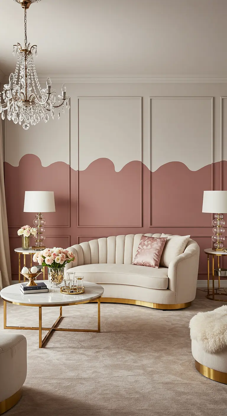 Elegante woonkamer met een golvende roze ondermuur en witte bovenmuur.