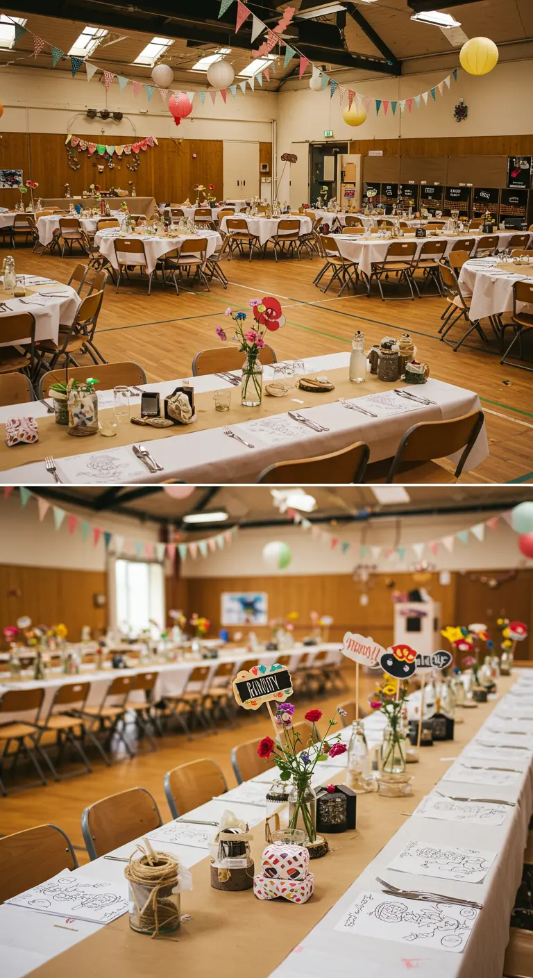 Gymzaalreceptie met lange tafels, kraftpapier lopers, kleurrijke lampionnen en simpele bloemen.