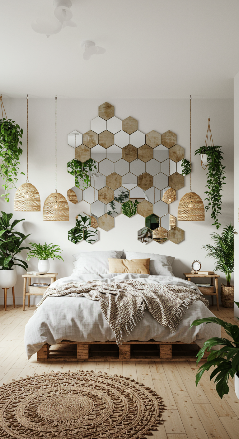 Honingraatpatroon van zeshoekige spiegels en houten tegels boven een bed.