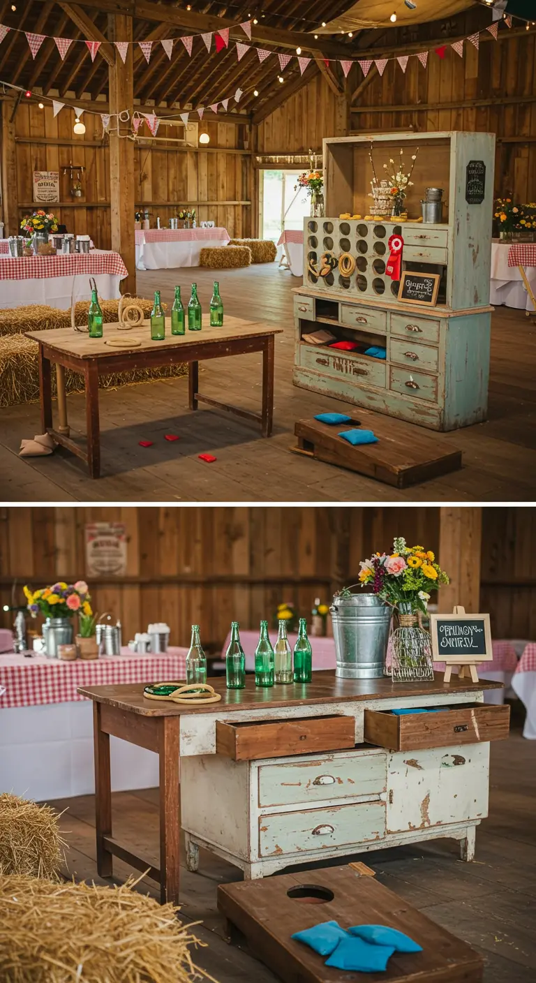 Oude commode met open lades, ingericht als spelletjesstation voor een bruiloft in een schuur.