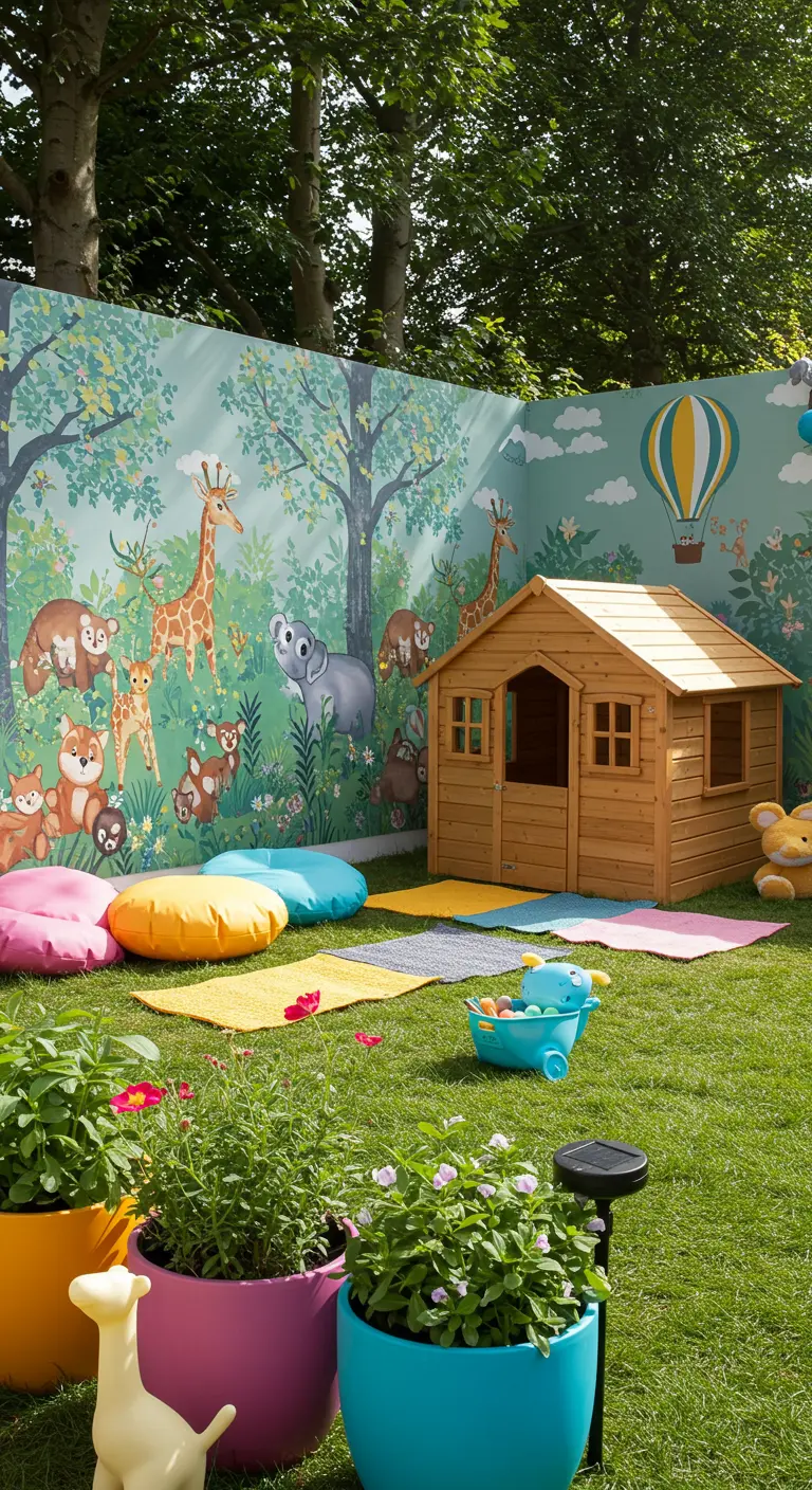 Kindvriendelijke tuin met bos- en dieren buitenbehang, speelhuisje en kleurrijke kussens.