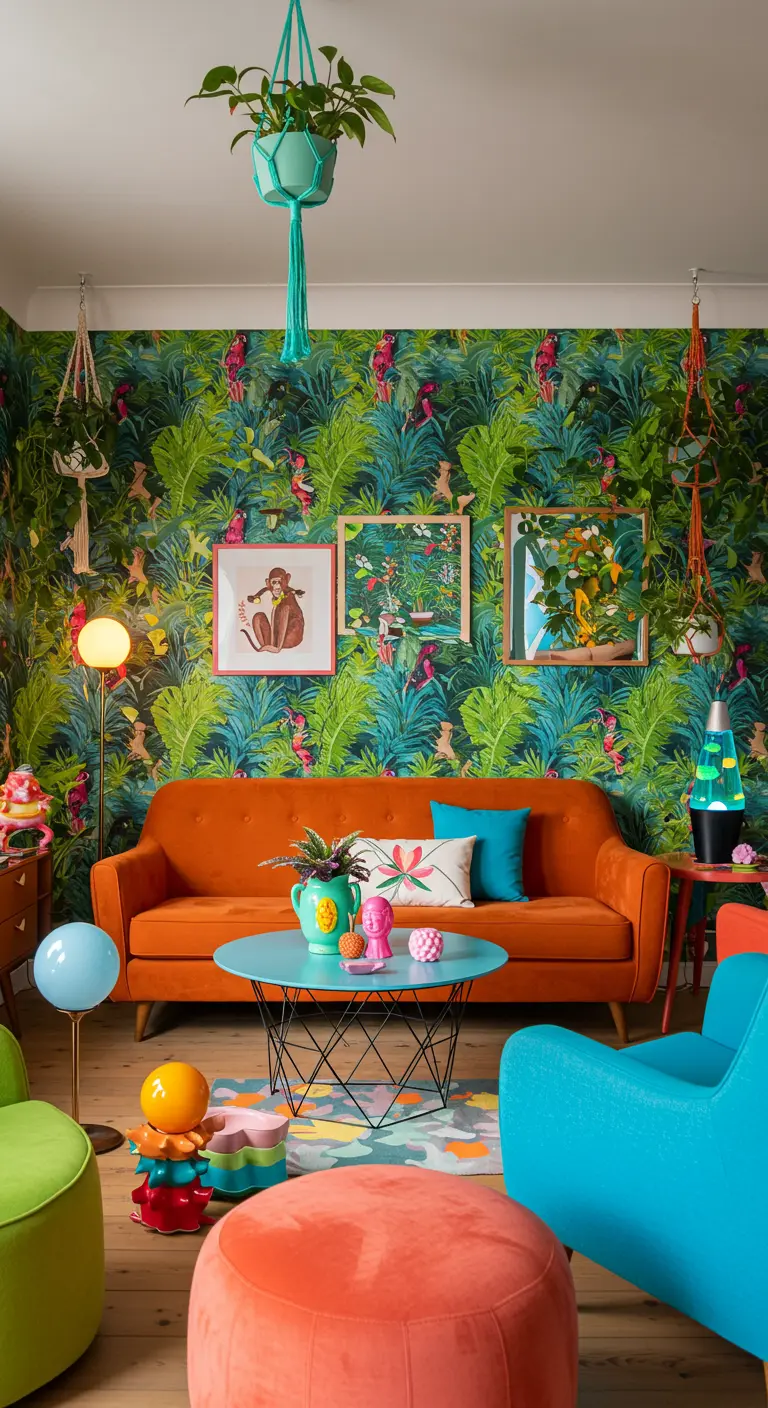 Vrolijke woonkamer met groen behang vol apen, oranje bank en kleurrijke meubels.