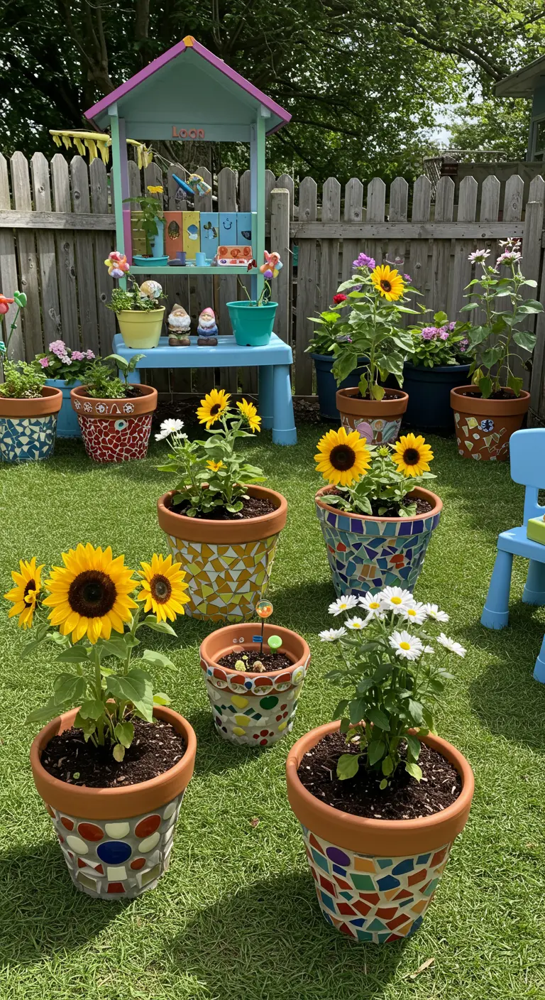 Vrolijk gekleurde mozaïek bloempotten met zonnebloemen in een kindvriendelijke tuin.