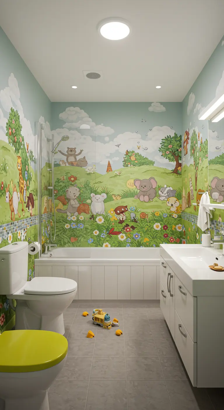 Kinderbadkamer met een vrolijke muurschildering van dieren in een landschap.