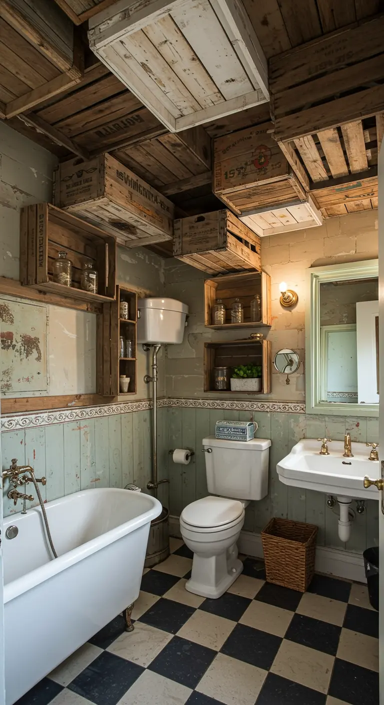 Badkamer met plafond van gerecyclede houten kisten en lambrisering.