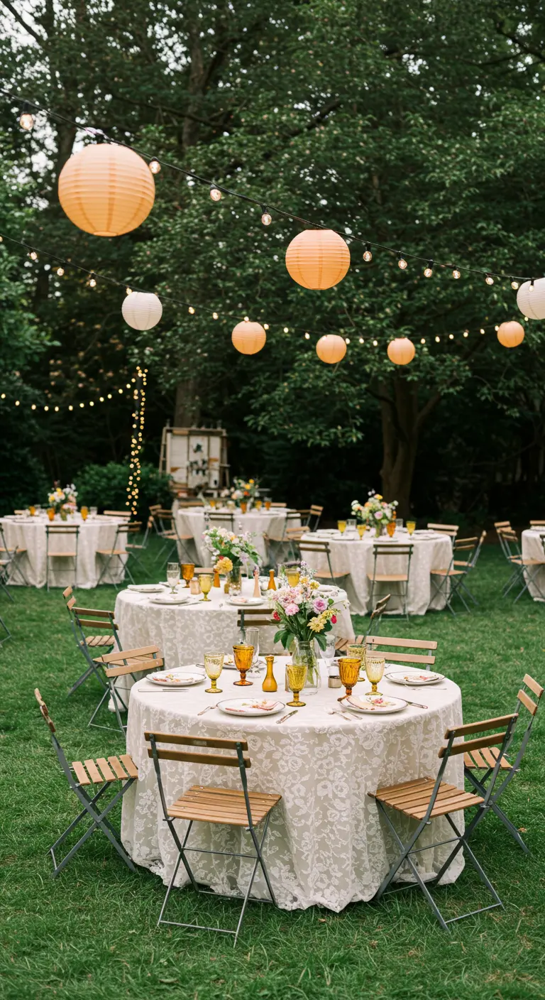 Tuinfeest met ronde tafels, amberkleurige lampionnen en glaswerk.