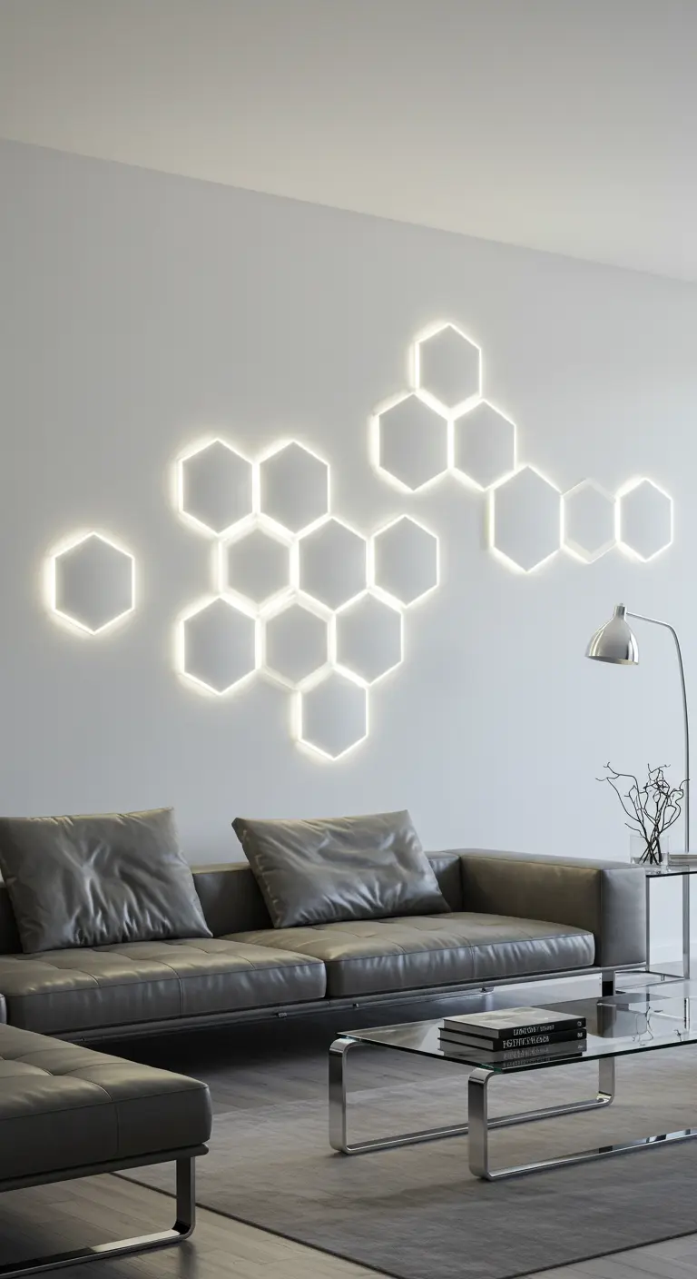 Moderne woonkamer met modulaire hexagon LED wandlampen boven een grijze leren bank.