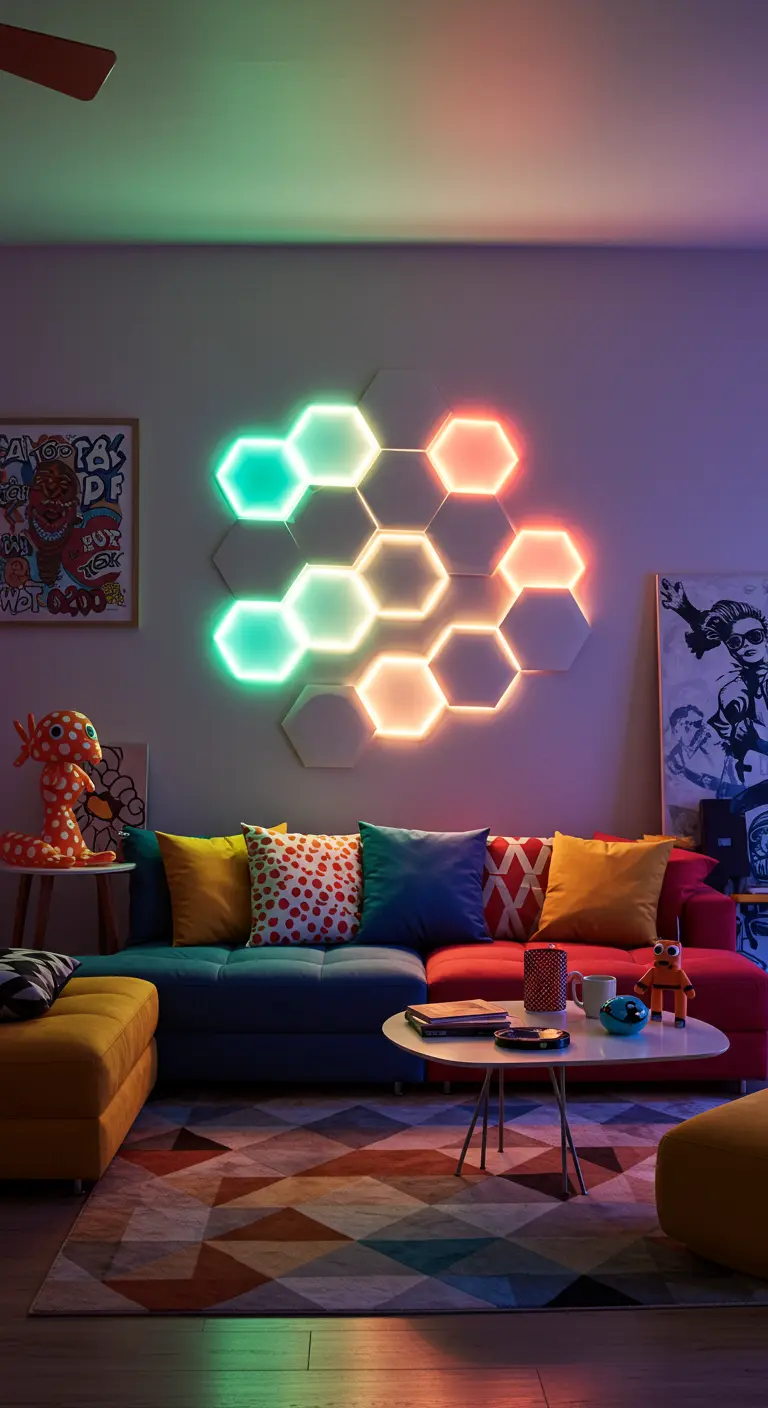 Moderne woonkamer met een bank vol kleurrijke kussens en een wandinstallatie van hexagonale LED-lichtpanelen.