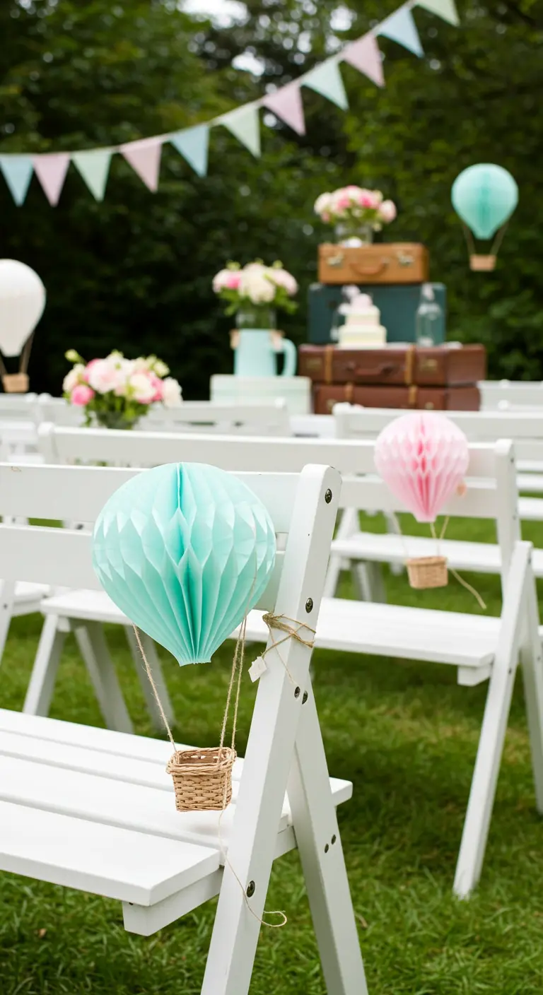 Witte klapstoel in tuin met een pastelkleurige papieren honingraat heteluchtballon eraan.