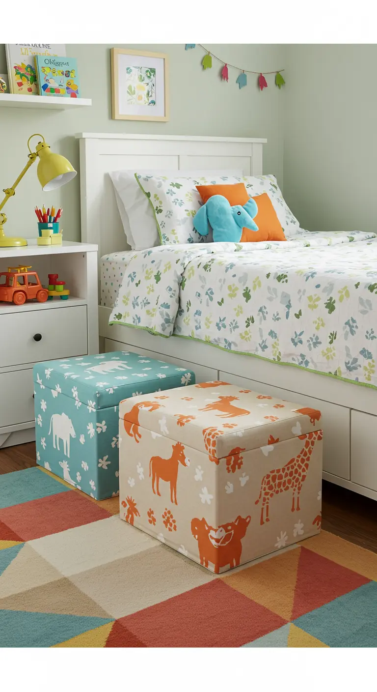 Twee vierkante opbergpoefs met kleurrijke dierenprints in een kinderkamer.