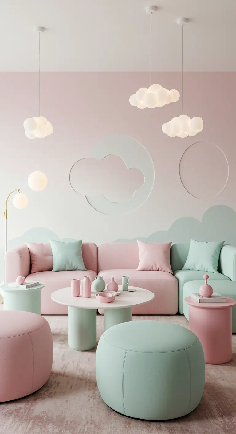 Kinderkamer in pastelkleuren met roze en mintgroene banken, wolkenlampen en cirkelvormige wandkunst.