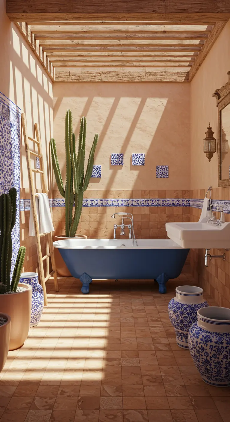 Terracotta badkamer met blauw-witte accenttegels, losstaand bad en cactus
