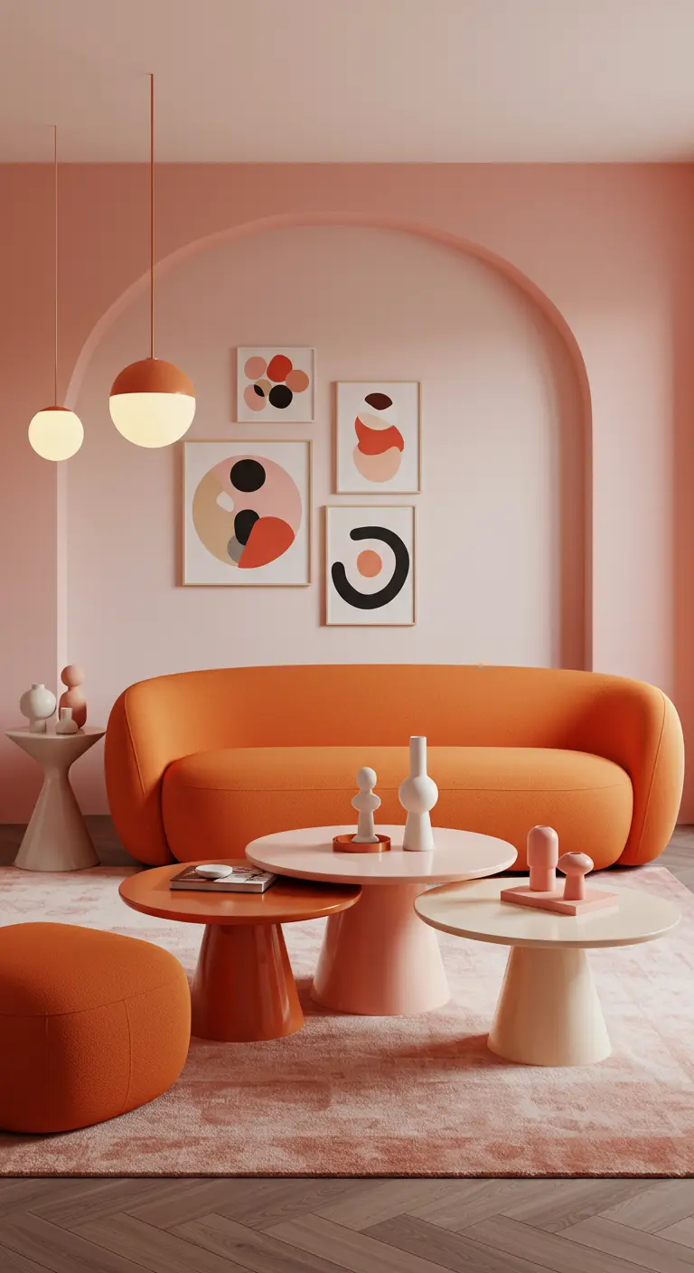 Perzikroze woonkamer met oranje ronde bank, diverse ronde tafels en abstracte kunst.