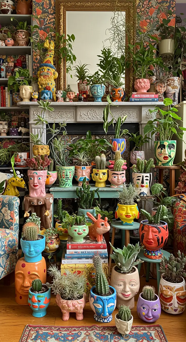 Eclectische verzameling planten in kleurrijke en gezichtsvormige potten.