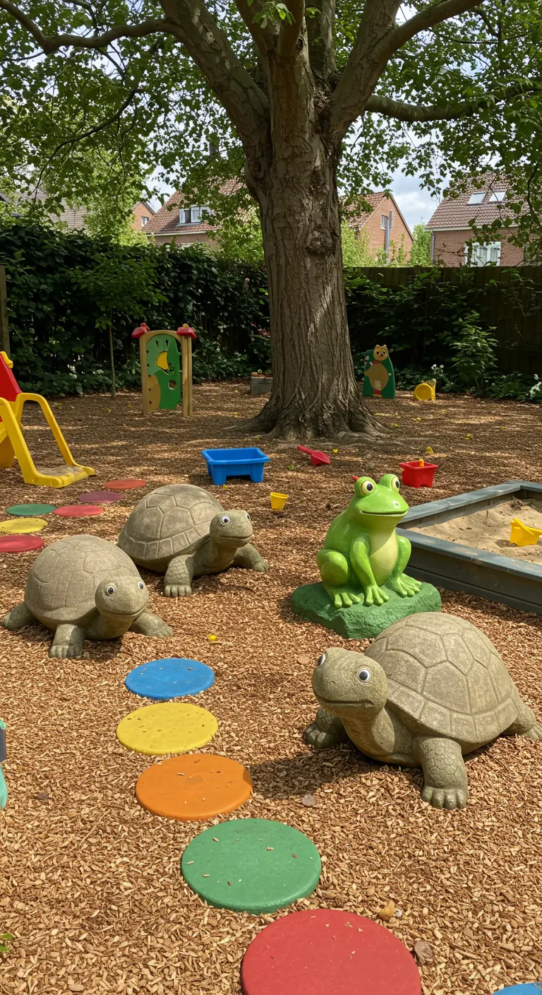 Kinderspeelplaats met grote stenen schildpadden, een kikker en kleurrijke stapstenen op houtsnippers.