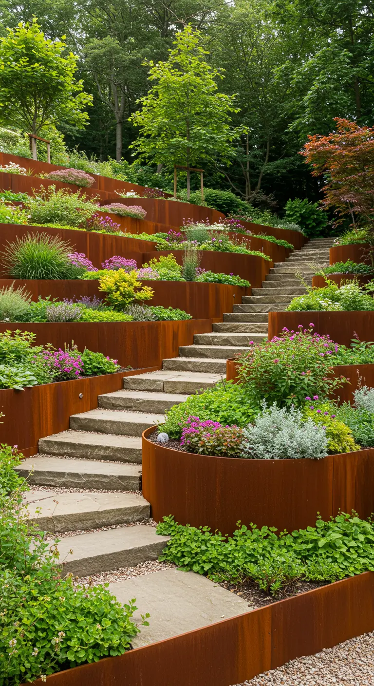 Hellingtuin met organisch gevormde cortenstalen terrassen en een kronkelende stenen trap.