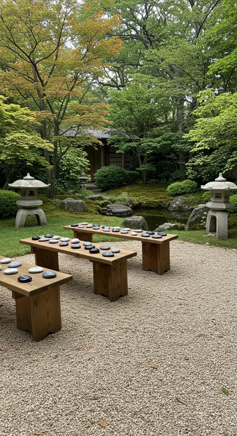 Houten bankjes met een spel van gestapelde stenen in een Japanse tuin.