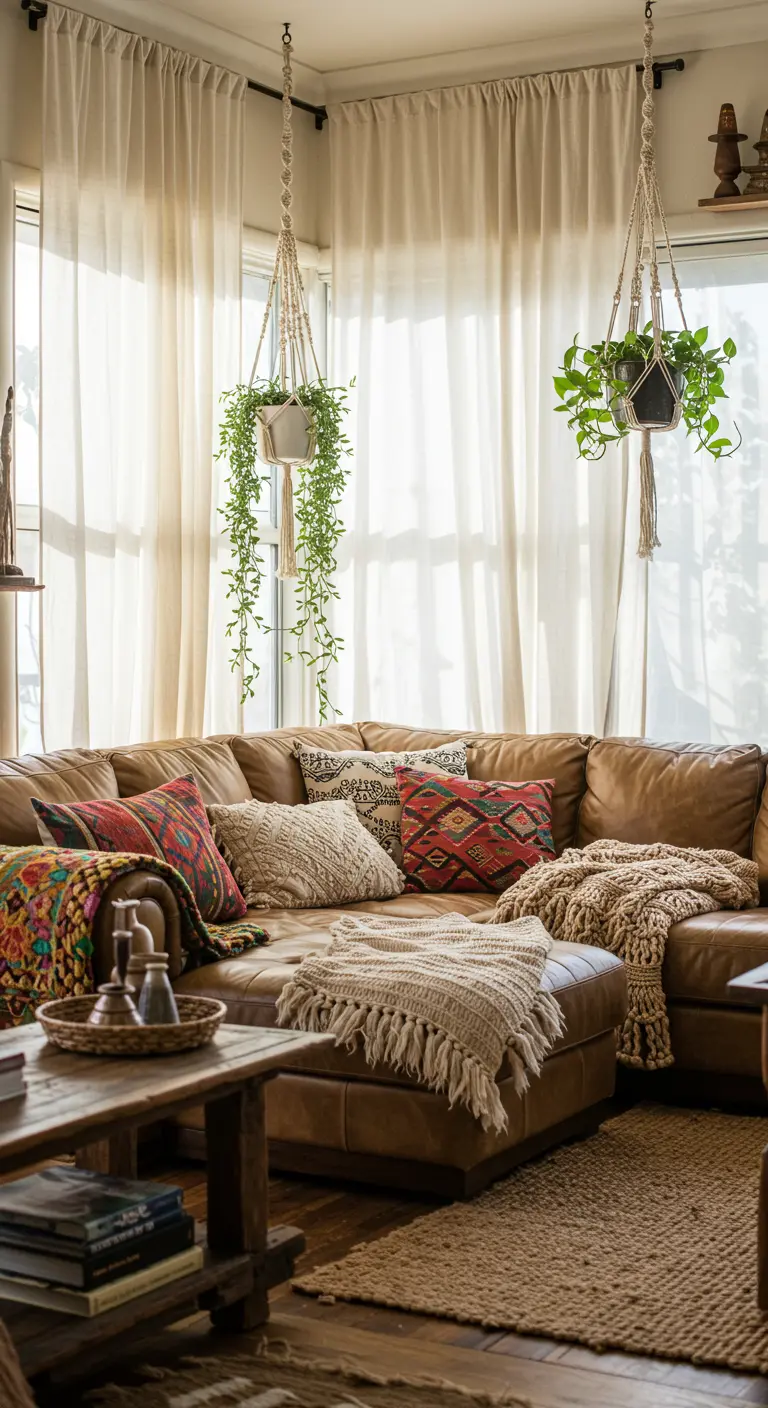 Boho woonkamer met lichte vitrage, hangplanten en een comfortabele leren hoekbank.