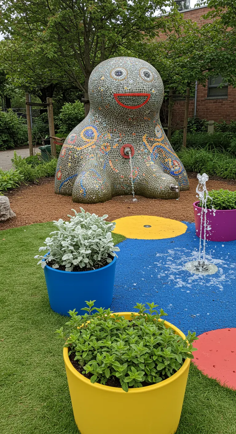 Speelse tuin met mozaïek octopus fontein en felgekleurde plantenpotten op gekleurde tegels.