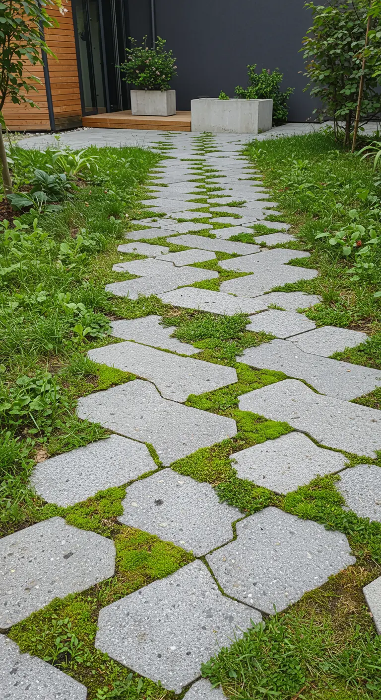 Grijze, onregelmatig gevormde betontegels met mos en gras in de voegen.