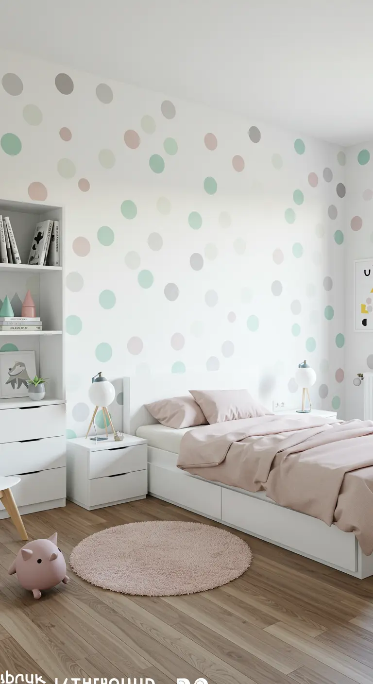 Kinderkamer met pastelkleurige stippen op de muur en een roze rond kleedje.