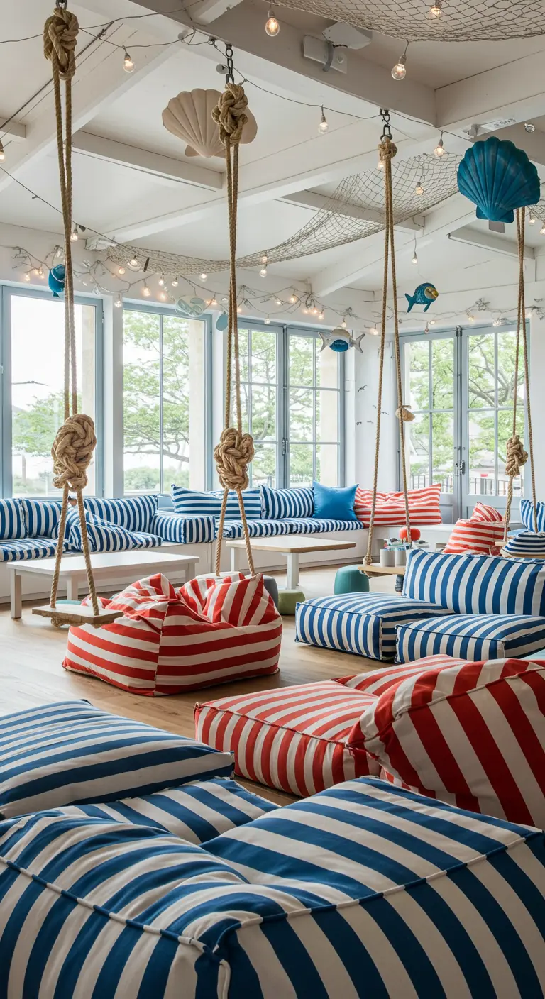 Vrolijke lounge met gestreepte zitzakken, touwschommels en visnet decoratie.