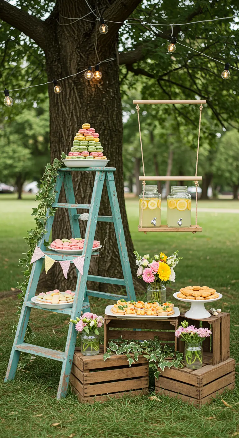 Blauwe ladder in tuin met macarons en limonade, gestapelde houten kratten als basis.