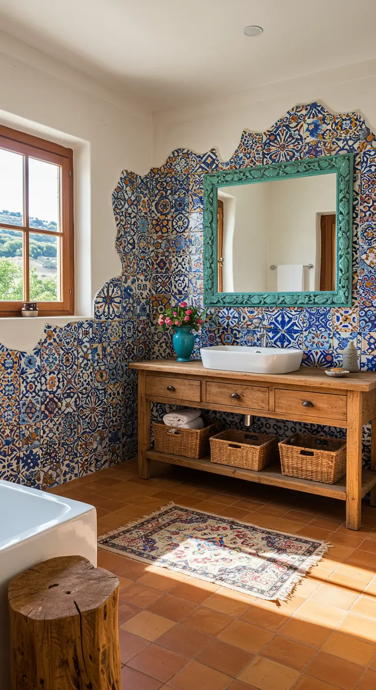 Mediterraanse badkamer met golvende blauw-witte tegels, houten wastafelmeubel en een turquoise spiegel.