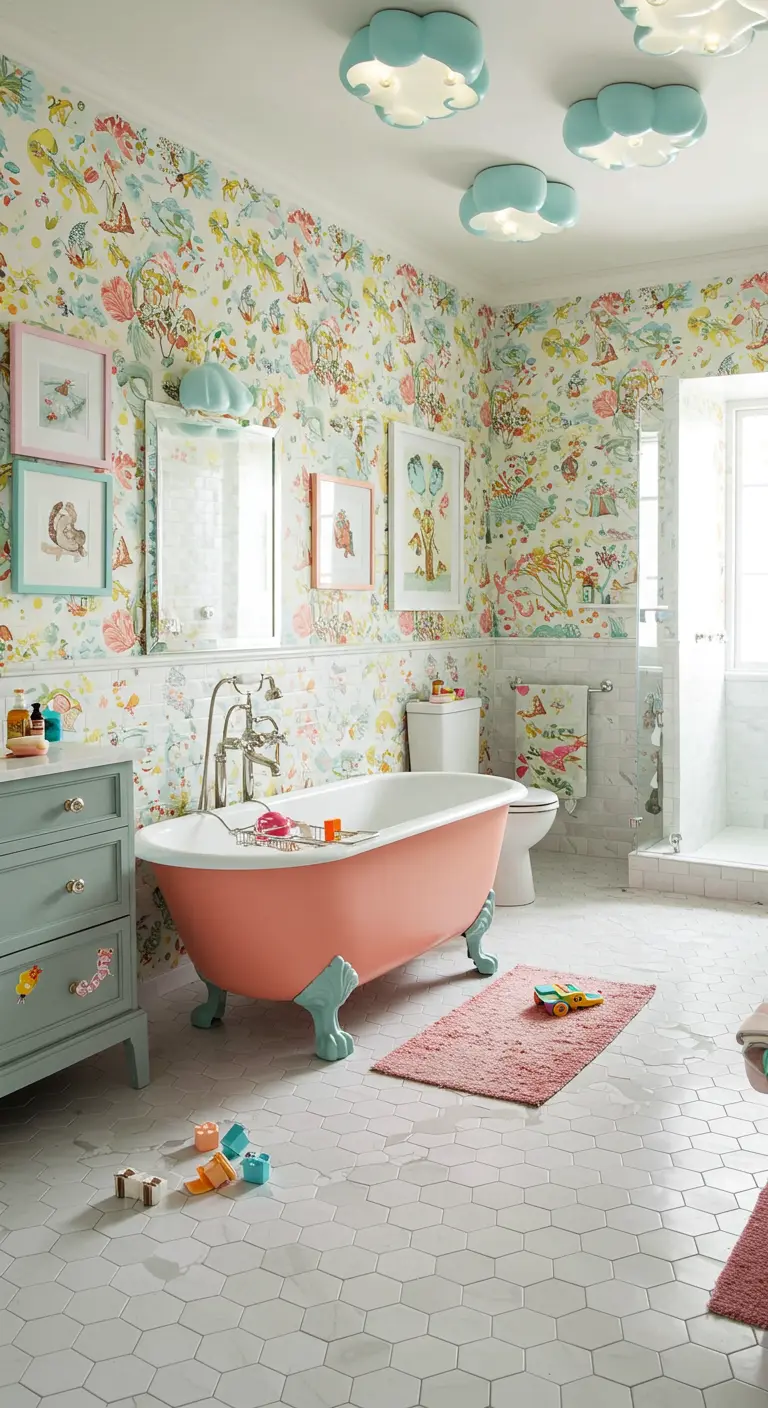Kinderbadkamer met illustratief behang, roze bad en wolkjeslampen