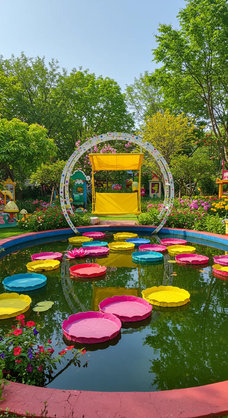 Gele schommel in een vijver met grote, kleurrijke waterlelievormige stapstenen in een speelse tuin.