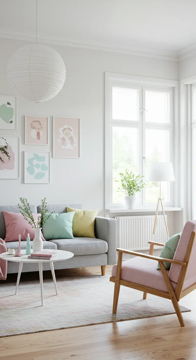Scandinavische zithoek met grijze bank, pastelkleurige kussens en grafische kunst.