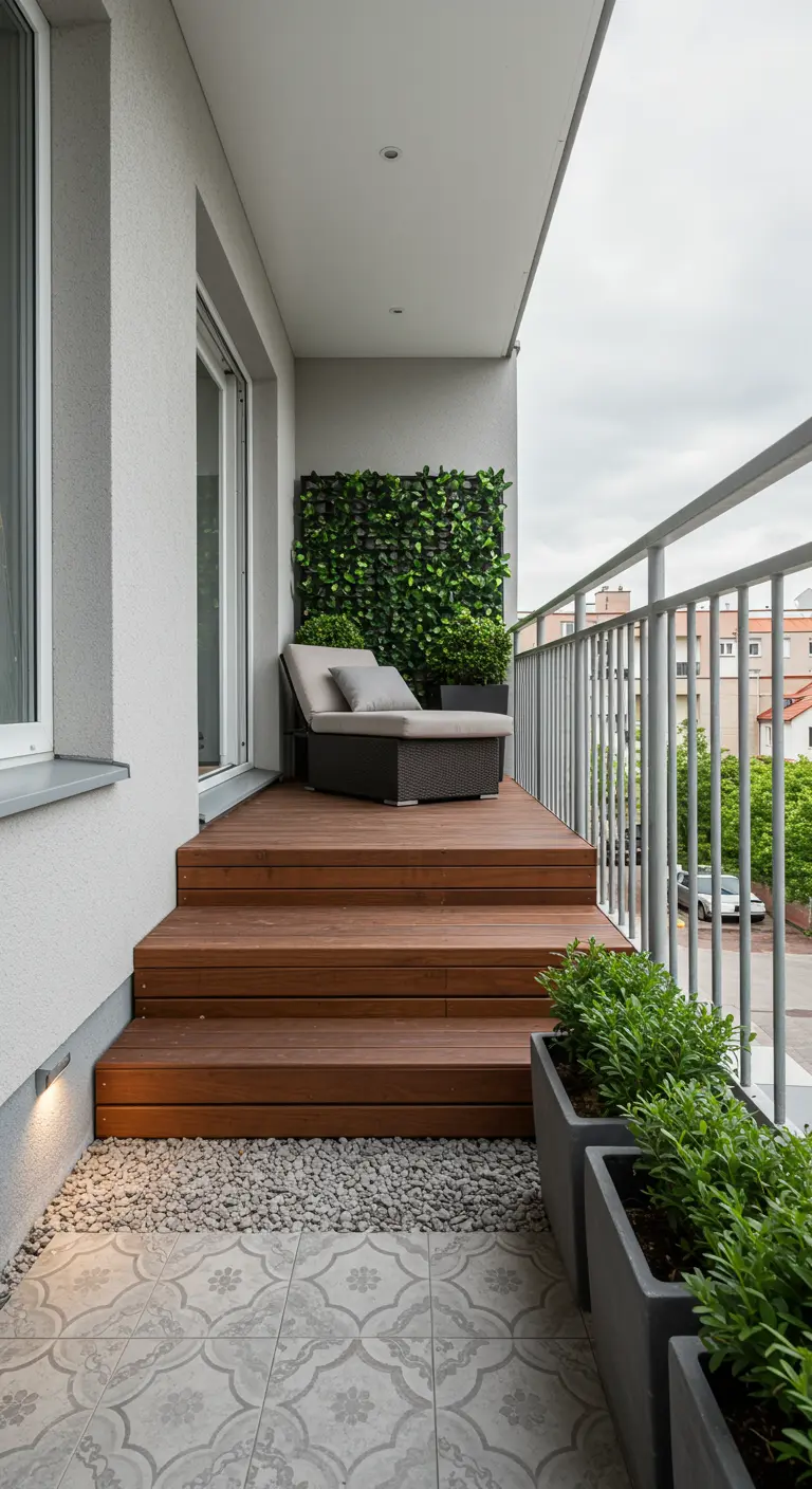 Balkon met verhoogd houten terrasgedeelte met loungebed en een kleine groene wand.