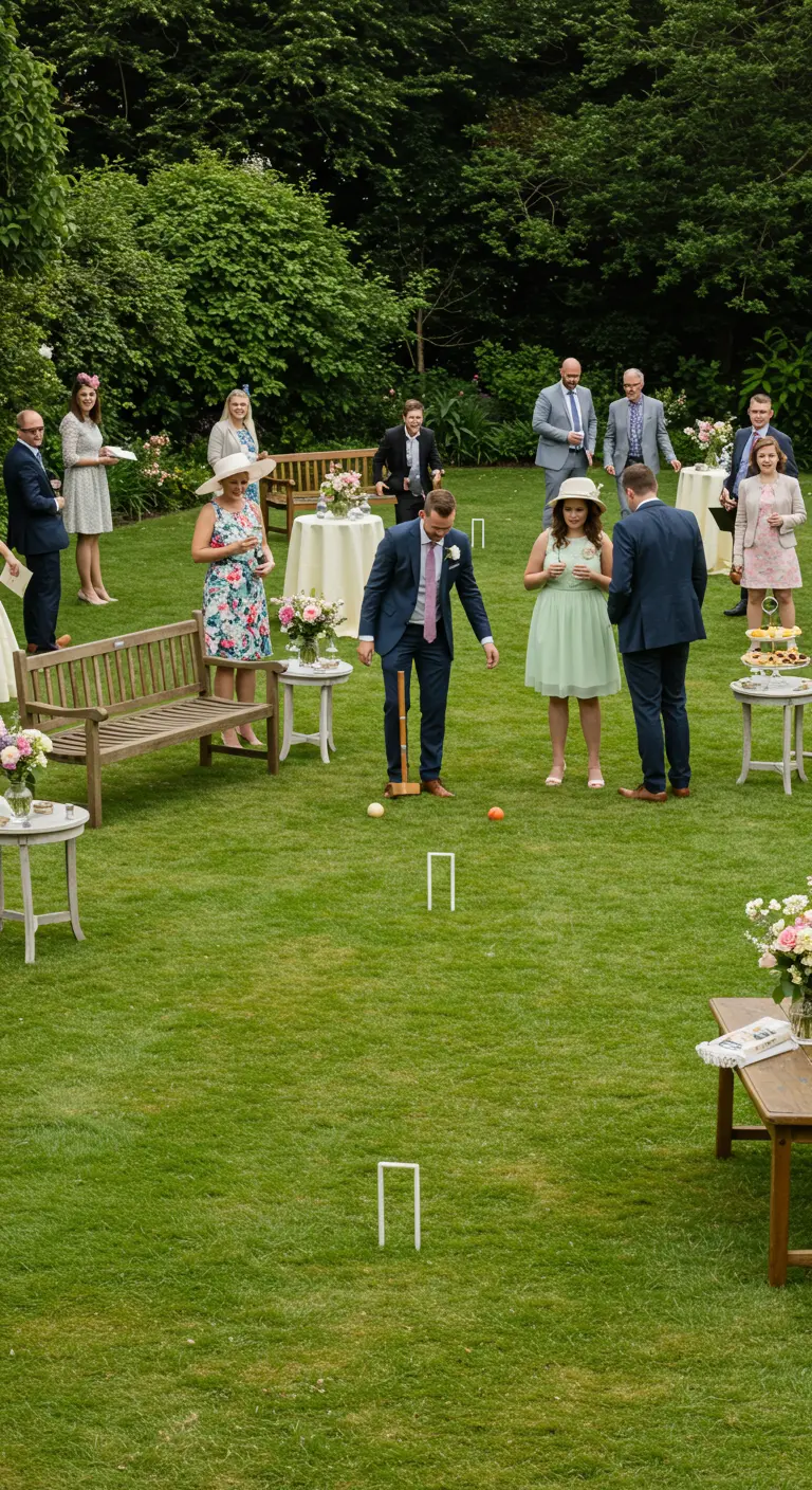 Gasten spelen croquet op een groen gazon met kleine tafels en bloemen.