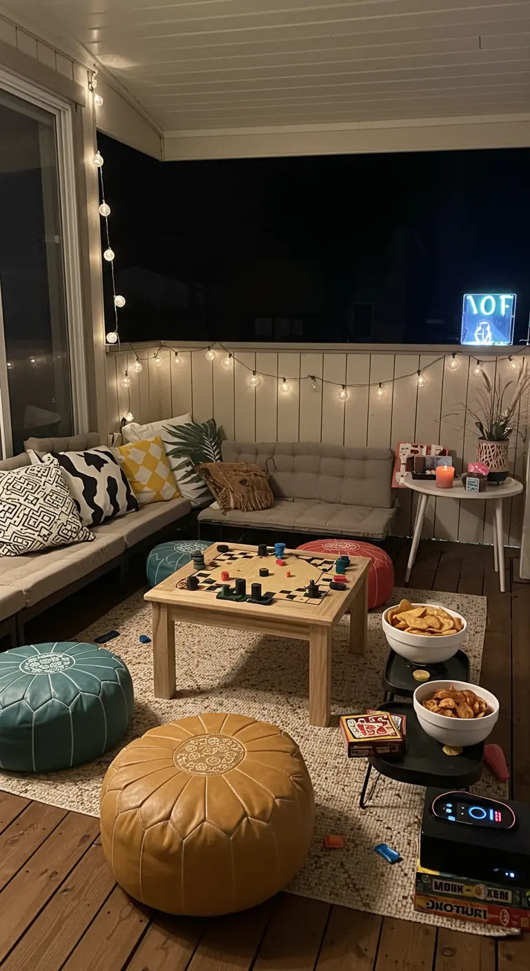 Balkon ingericht voor een spelletjesavond met lage tafel, poefs, snacks en sfeerverlichting.