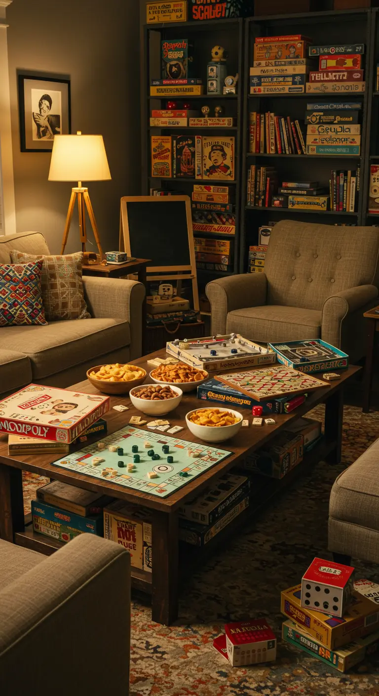 Woonkamer ingericht voor een spelletjesavond met bordspellen en snacks op tafel.