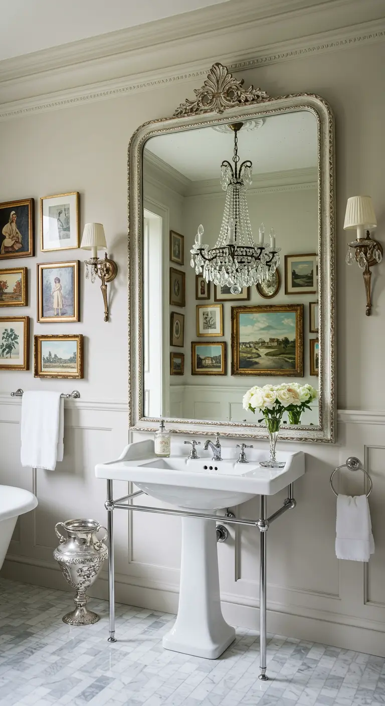 Klassieke badkamer met grote sierlijke spiegel die een fotowand reflecteert.