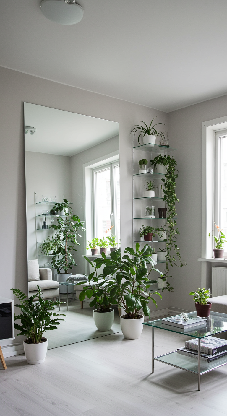 Lichte woonkamer met een grote passpiegel die planten en licht reflecteert.
