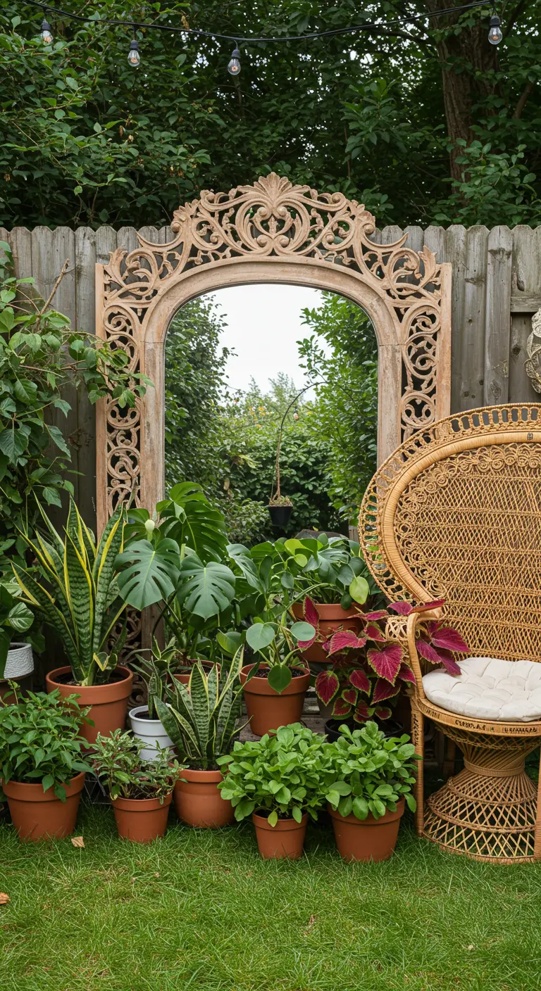 Grote ornamentele spiegel in tuin creëert illusie van meer ruimte.