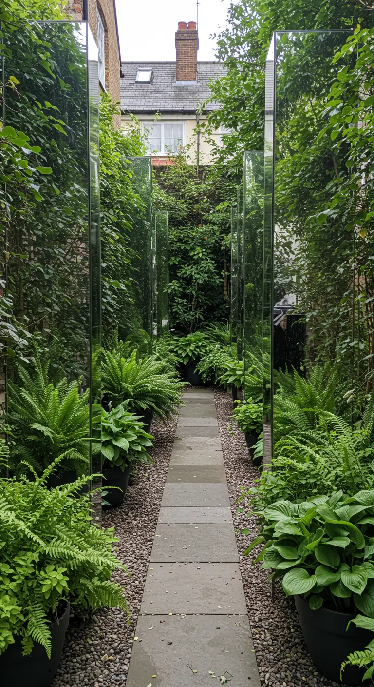 Smalle tuin met aan weerszijden hoge spiegelpanelen die de groene beplanting reflecteren.