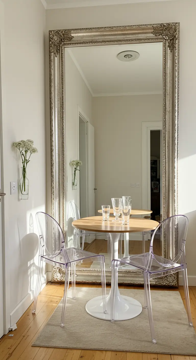 Eethoek met grote spiegel, ronde tafel en transparante stoelen.