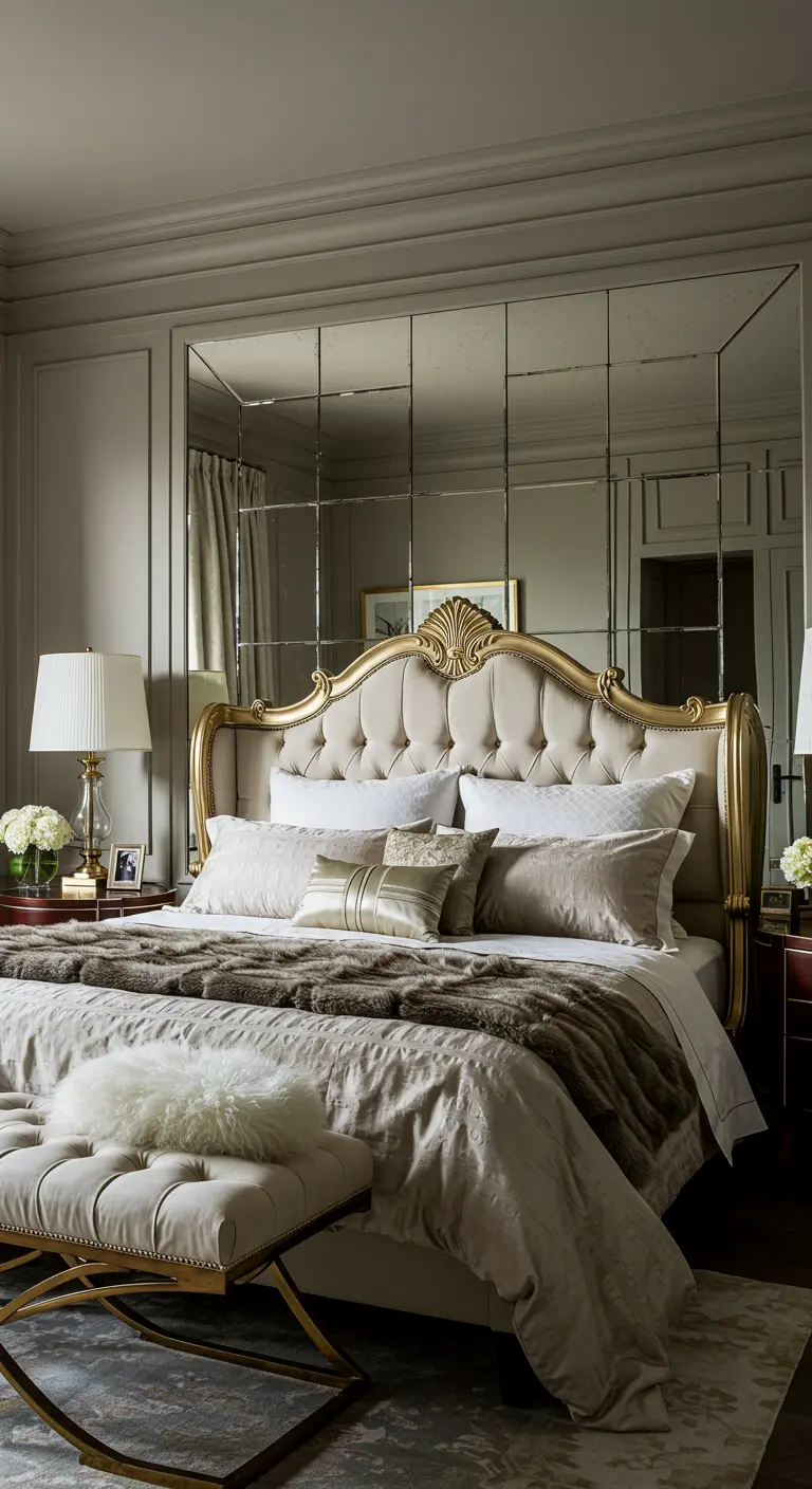 Luxe slaapkamer met een grote spiegelwand achter het bed met een klassiek hoofdbord.