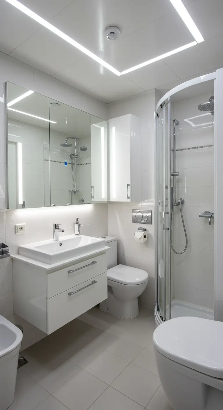 Witte, strakke badkamer met grote spiegelkasten boven wastafel en hoekdouche.