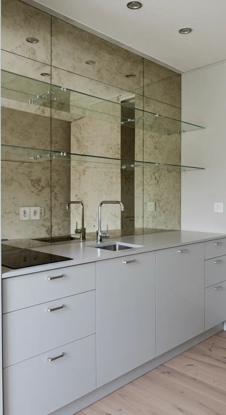 Moderne keuken met een spiegelachterwand en zwevende glazen planken.