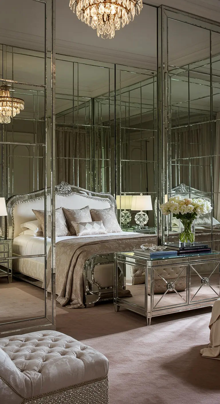Luxe slaapkamer met een grote spiegelwand die de ruimte en het licht reflecteert.