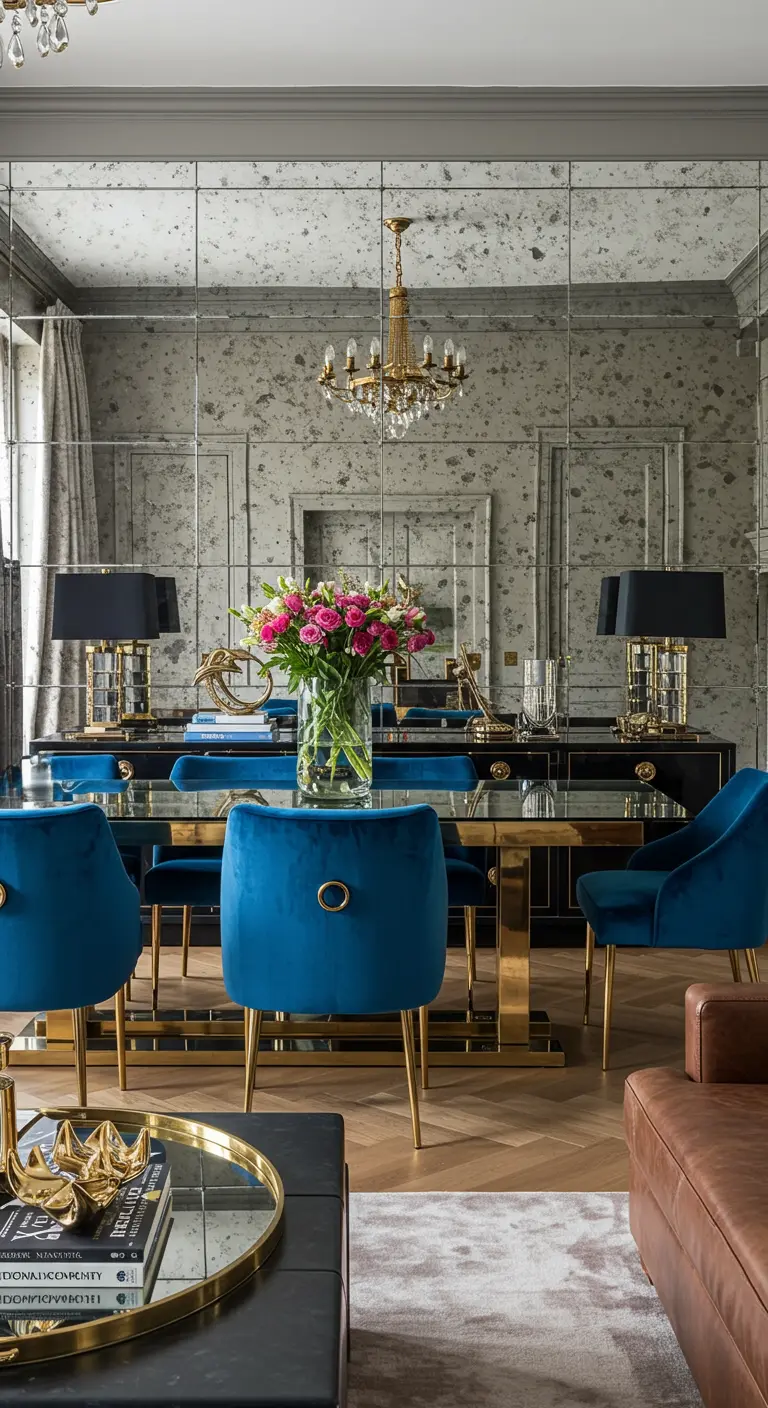 Luxe eethoek met een volledige spiegelwand, glazen tafel en blauwe fluwelen stoelen.