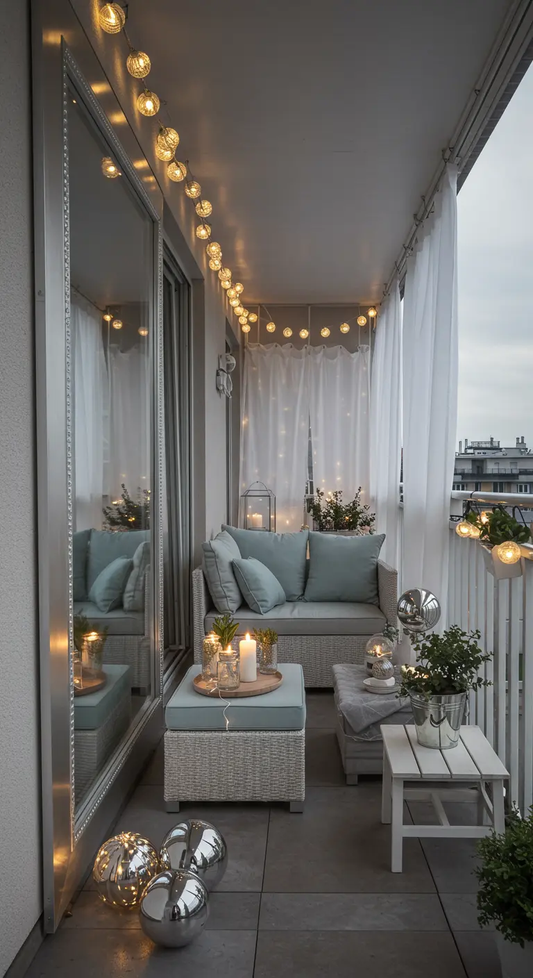Balkon met een grote spiegel tegen de muur, lichte meubels, lichtslingers en planten.