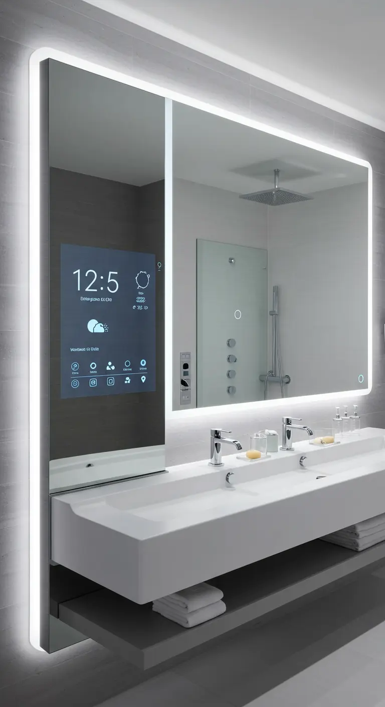 Grote slimme spiegel met LED-verlichting en geïntegreerd display.