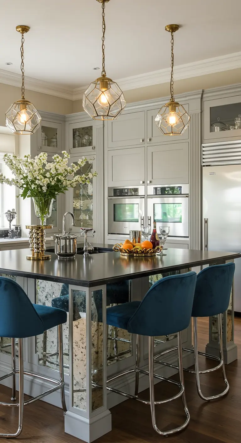Glamoureuze keuken met gespiegeld kookeiland, blauwe fluwelen krukken en geometrische hanglampen.
