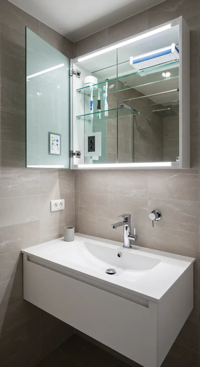 Moderne spiegelkast met open deuren die interne glazen plankjes en verlichting tonen.